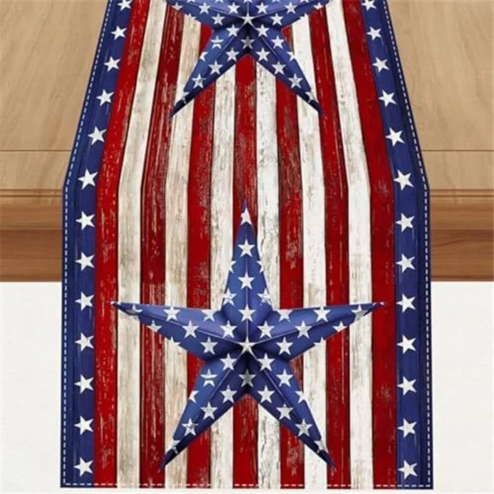 Linen Watercolor Red White and Blue American Flag Stars Table Runner 72 Inches